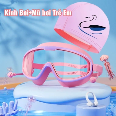 Kính Bơi Trẻ Em 3-16 tuổi và Mũ Bơi Gọng Lớn, Kèm Bịt Tai, Chống Sương Mù, Không Thấm Nước - Giá 12.000