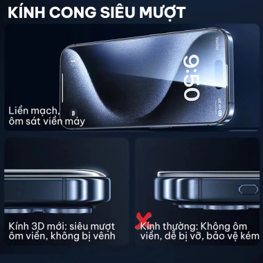 Kính Cường Lực 9H iPhone 17/16/15 - Viền mỏng 0.5mm, cong 3D, khung tự dán, 75.000₫ 3