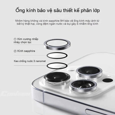 Kính cường lực bảo vệ ống kính viền kim cương cho iPhone 11-17 Pro Max, Air, 12-16 - 38.500 VND