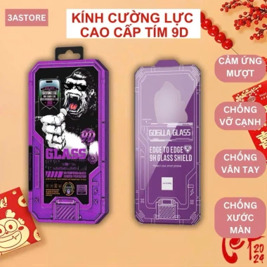 Kính cường lực iPhone 14‑17 Pro 9D Tím Corning siêu chịu lực, chống vân tay 3astore
