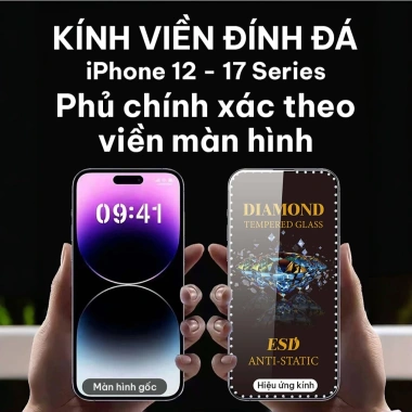 Kính Cường Lực iPhone 16/15/14/13/12 kèm Khuôn Dán - Viền Đính Đá Giả Kim Cương Sang Chảnh