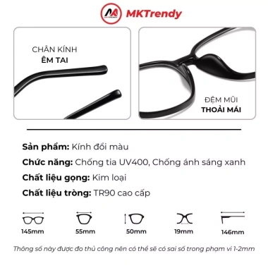 Kính đổi màu gọng vuông MKTRENDY thời trang nam nữ, nhựa cao cấp, chống ánh sáng xanh UV 138.000đ