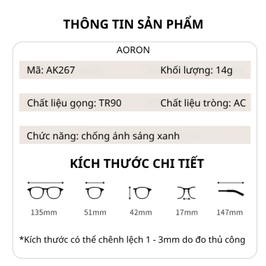 Kính Mắt Mèo Chống Ánh Sáng Xanh AORON AK267 - Gọng Dẻo Nhẹ, UV400, Thời Trang Nam Nữ 245k
