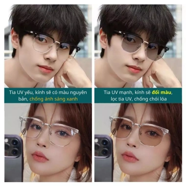 Kính mắt nam nữ trong suốt đổi màu, gọng cận 0 độ thời trang, chống ánh sáng xanh UV Hàn Quốc 6