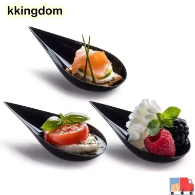 KKINGDOM 50 Đĩa Thìa nếm và Đĩa khai vị mini nhựa tái sử dụng, bộ đồ ăn bền cho tiệc mousse, tráng miệng, bánh bát
