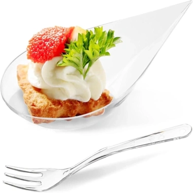 KKINGDOM 50 Đĩa Thìa nếm và Đĩa khai vị mini nhựa tái sử dụng, bộ đồ ăn bền cho tiệc mousse, tráng miệng, bánh bát 3