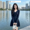 La Rosa Đầm Len Mini Dáng Xòe Thanh Lịch Cổ V Đính Nơ, Cúc Ôm Eo Tôn - 469k 2