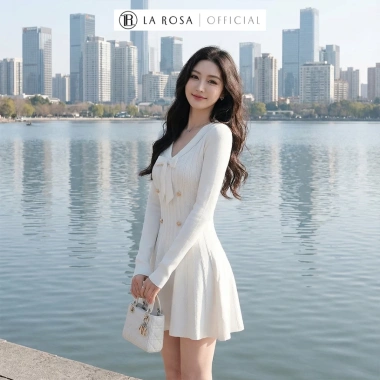 La Rosa Đầm Len Mini Dáng Xòe Thanh Lịch Cổ V Đính Nơ, Cúc Ôm Eo Tôn - 469k 4