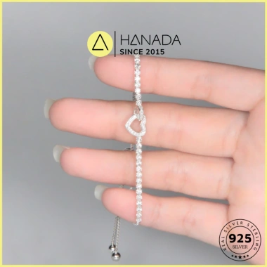 Lắc tay bạc 925 Hanada Trái Tim Vô Cực Đính Đá Lấp Lánh Vòng tay dây rút