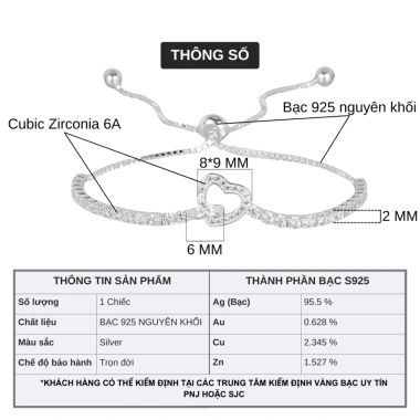 Lắc tay bạc 925 Hanada Trái Tim Vô Cực Đính Đá Lấp Lánh Vòng tay dây rút