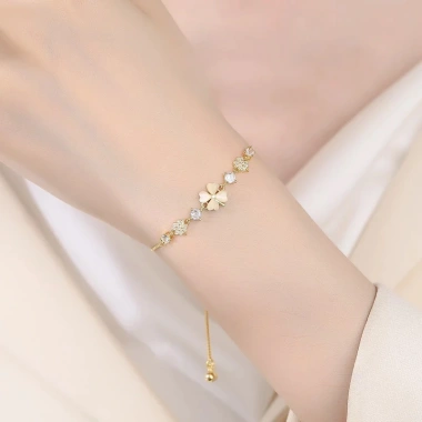 Lắc tay bạc nữ PMJ mặt cỏ bốn lá đá lấp lánh, dây rút, đính đá – 489.000 VND 8