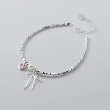Lắc tay bạc nữ PMJ - Vòng tay hạt Charm nơ thắt, trái tim đá hồng cá tính PMJS372L giá ưu đãi 689.000₫ 2