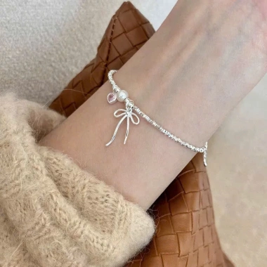Lắc tay bạc nữ PMJ - Vòng tay hạt Charm nơ thắt, trái tim đá hồng cá tính PMJS372L giá ưu đãi 689.000₫ 4