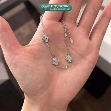 Lắc tay bạc nữ TLEE bốn lá đính đá 3 charm mix, ổ đá tròn sang trọng, may mắn - Giá 510.000đ