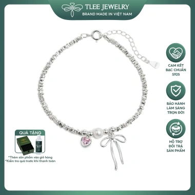 Lắc tay bạc nữ TLEE – Hạt bạc vỡ, charm nơ thắt, trái tim đá hồng, giảm 17%