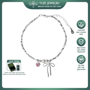Lắc tay bạc nữ TLEE – Hạt bạc vỡ, charm nơ thắt, trái tim đá hồng, giảm 17%