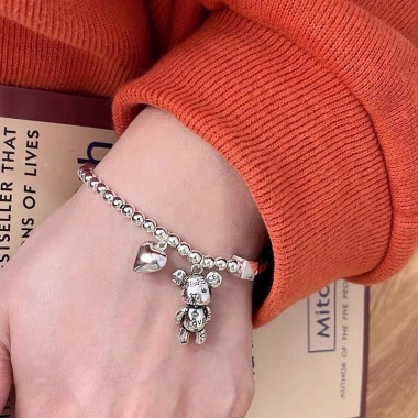 Lắc tay bi bạc 925 nữ - Gấu BearBrick và Trái tim, Minh Tâm Jewelry, giảm 21%