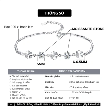 Lắc tay HANADA Moissanite 5mm cỏ bốn lá, bạc 925 phủ bạch kim, không đen không mờ - 1.2tr 6