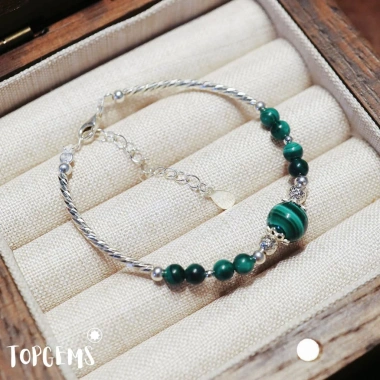 Lắc Tay Nữ Bạc 925 Mix Đá Khổng Tước TOPGEMS - Malachite 8mm Tự Nhiên, BH 12 Tháng