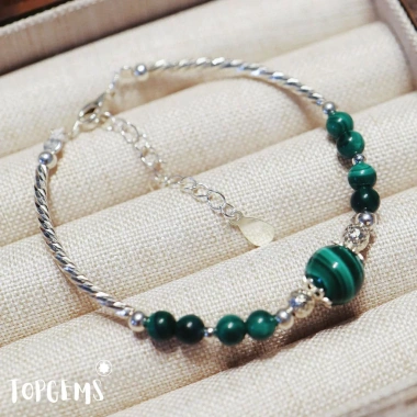 Lắc Tay Nữ Bạc 925 Mix Đá Khổng Tước TOPGEMS - Malachite 8mm Tự Nhiên, BH 12 Tháng
