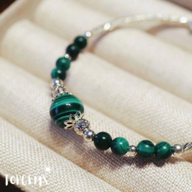 Lắc Tay Nữ Bạc 925 Mix Đá Khổng Tước TOPGEMS - Malachite 8mm Tự Nhiên, BH 12 Tháng