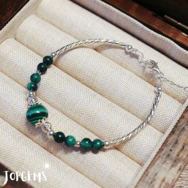 Lắc Tay Nữ Bạc 925 Mix Đá Khổng Tước TOPGEMS - Malachite 8mm Tự Nhiên, BH 12 Tháng