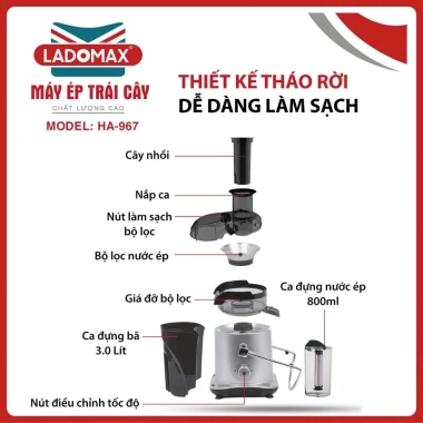 Ladomax HA-967 Máy Ép Trái Cây Công Nghiệp 1.180W - Lưới 0.3mm Tự Vệ Sinh, 220V, Bảo Hành 12 Tháng, Giá chỉ 1.8tr 8
