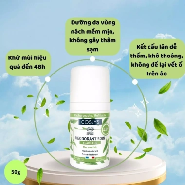 Lăn khử mùi hữu cơ Coslys trà xanh 50ml, khô thoáng 48h, hương tươi mát, chỉ 160k