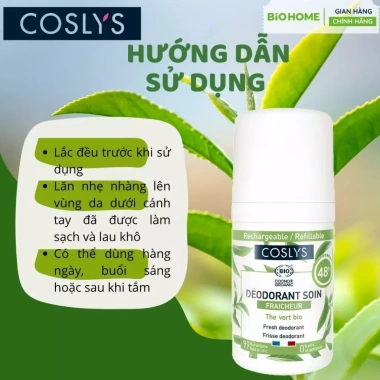 Lăn khử mùi hữu cơ Coslys trà xanh 50ml, khô thoáng 48h, hương tươi mát, chỉ 160k