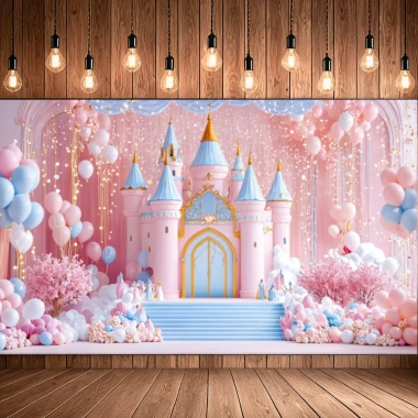 Lâu đài, bong bóng hoa, nền chụp ảnh polyester đa năng sinh nhật và đám cưới