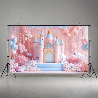 Lâu đài, bong bóng hoa, nền chụp ảnh polyester đa năng sinh nhật và đám cưới