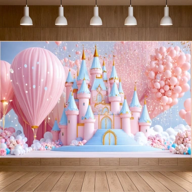 Lâu đài, bong bóng hoa, nền chụp ảnh polyester đa năng sinh nhật và đám cưới