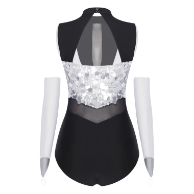 Leotard Nữ Kim Sa Lấp Lánh - Cổ Không Tay, Sheer, Cutout Eo, Lưng Đáy Lấp Lánh, Body Màu Có Găng Tay