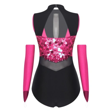 Leotard Nữ Kim Sa Lấp Lánh - Cổ Không Tay, Sheer, Cutout Eo, Lưng Đáy Lấp Lánh, Body Màu Có Găng Tay