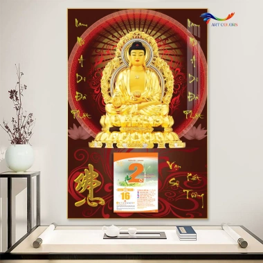 Lịch Gỗ Treo Tường 9mm Bo Viền 40x60cm - Lịch Tết Tráng Gương 2.026 Phật Giáo kèm Bloc ART COLORS