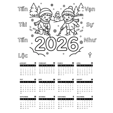 Lịch TẾT 2.026 bé tô màu - Giấy dày 200gsm A3/A4, 30+ mẫu sáng tạo, 28.000₫