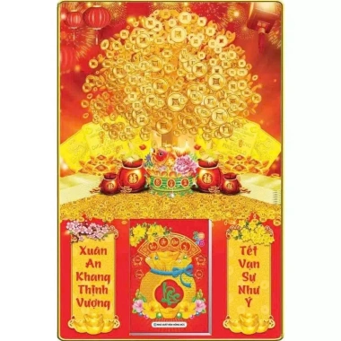 Lịch Tết 2.026 bìa gỗ tráng gương viền Cây Kim Tiền 40x60cm + bloc đại 14.5x20.5cm, giá 179k