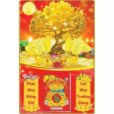 Lịch Tết 2.026 bìa gỗ tráng gương viền Cây Kim Tiền 40x60cm + bloc đại 14.5x20.5cm, giá 179k