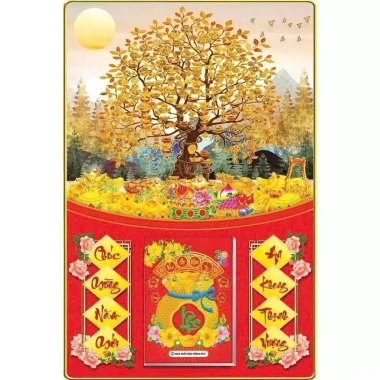 Lịch Tết 2.026 bìa gỗ tráng gương viền Cây Kim Tiền 40x60cm + bloc đại 14.5x20.5cm, giá 179k