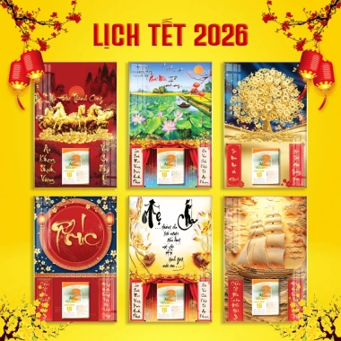 Lịch Tết 2.026 gỗ tráng gương 30x40cm viền vàng - Nhiều mẫu nhỏ, tặng Bloc trung