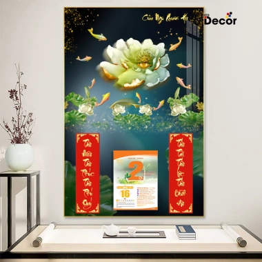 Lịch Tết 2.026 Gỗ Tráng Gương Cửu Ngư Quần Hội + Hoa Sen Viền Vàng Cao Cấp - Tặng Bloc Đại