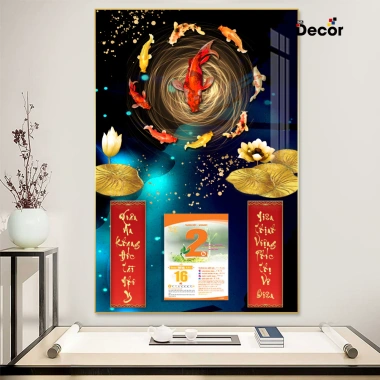 Lịch Tết 2.026 Gỗ Tráng Gương Cửu Ngư Quần Hội + Hoa Sen Viền Vàng Cao Cấp - Tặng Bloc Đại
