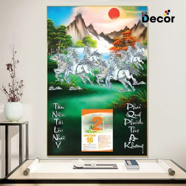 Lịch Tết 2.026 Gỗ Tráng Gương Mã Đáo Thành Công - Bo viền cao cấp, tặng Bloc Đại