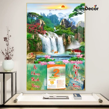 Lịch Tết 2.026 Gỗ tráng gương Thuỷ Mặc Sơn Thuỷ viền vàng cao cấp Tặng Bloc đại