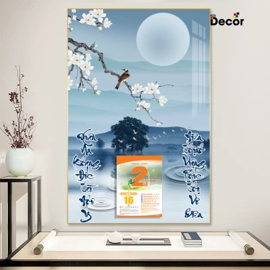 Lịch Tết 2.026 Gỗ tráng gương Thuỷ Mặc Sơn Thuỷ viền vàng cao cấp Tặng Bloc đại