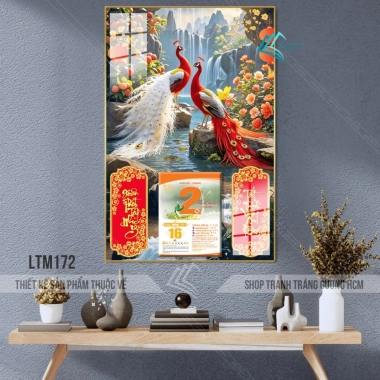 Lịch Tết tráng gương 2.026 - Chim Khổng Tước 30x40cm treo tường, kèm Bloc 10,5x14,5cm, khung viền bo, giá ưu đãi 93.000₫