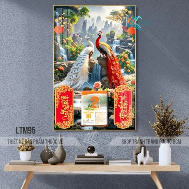 Lịch Tết tráng gương 2.026 - Chim Khổng Tước 30x40cm treo tường, kèm Bloc 10,5x14,5cm, khung viền bo, giá ưu đãi 93.000₫