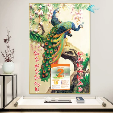 Lịch Tết tráng gương 2.026 - Chim Khổng Tước 30x40cm treo tường, kèm Bloc 10,5x14,5cm, khung viền bo, giá ưu đãi 93.000₫