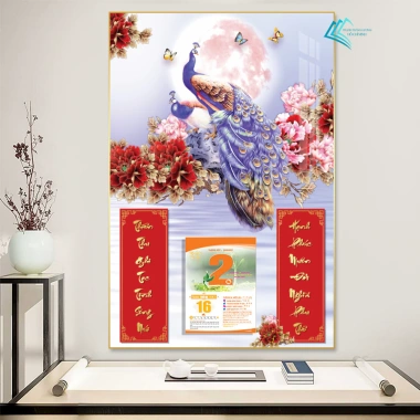 Lịch Tết tráng gương 2.026 - Chim Khổng Tước 30x40cm treo tường, kèm Bloc 10,5x14,5cm, khung viền bo, giá ưu đãi 93.000₫