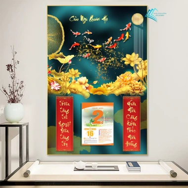 Lịch Tết tráng gương 2.026 Cửu Ngư Quần Hội 40x60cm - Treo tường, khung viền bo, tặng Bloc
